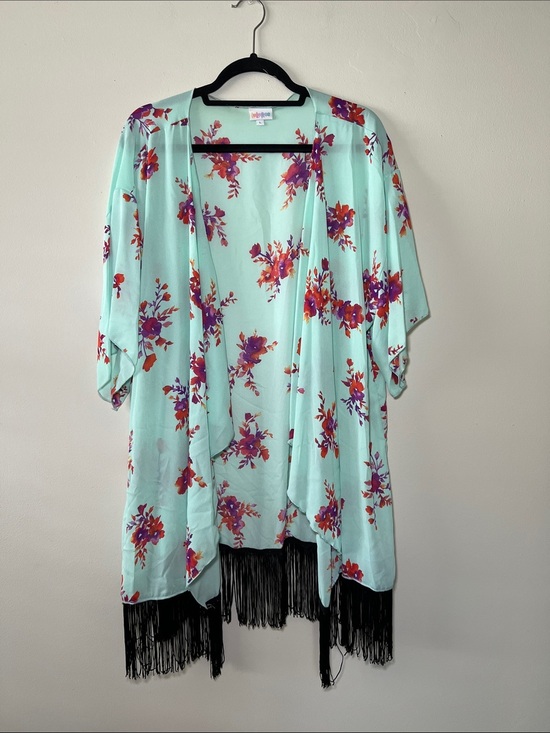 LuLaRoe Tops - LuLaRoe Mint Floral Kimono with Black Fringe